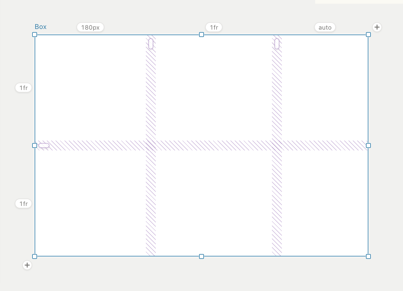 A selected 3×2 grid: size chips above and left, gap pills in the gap bands, + chips past the last track