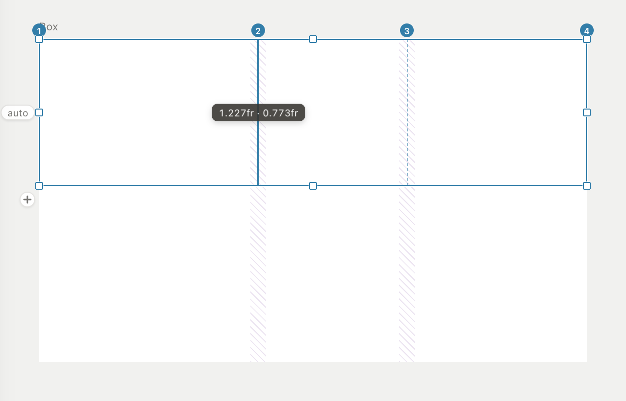 Dragging an adopted boundary inside the subgrid: the badge shows the parent's tracks, 1.227fr · 0.773fr