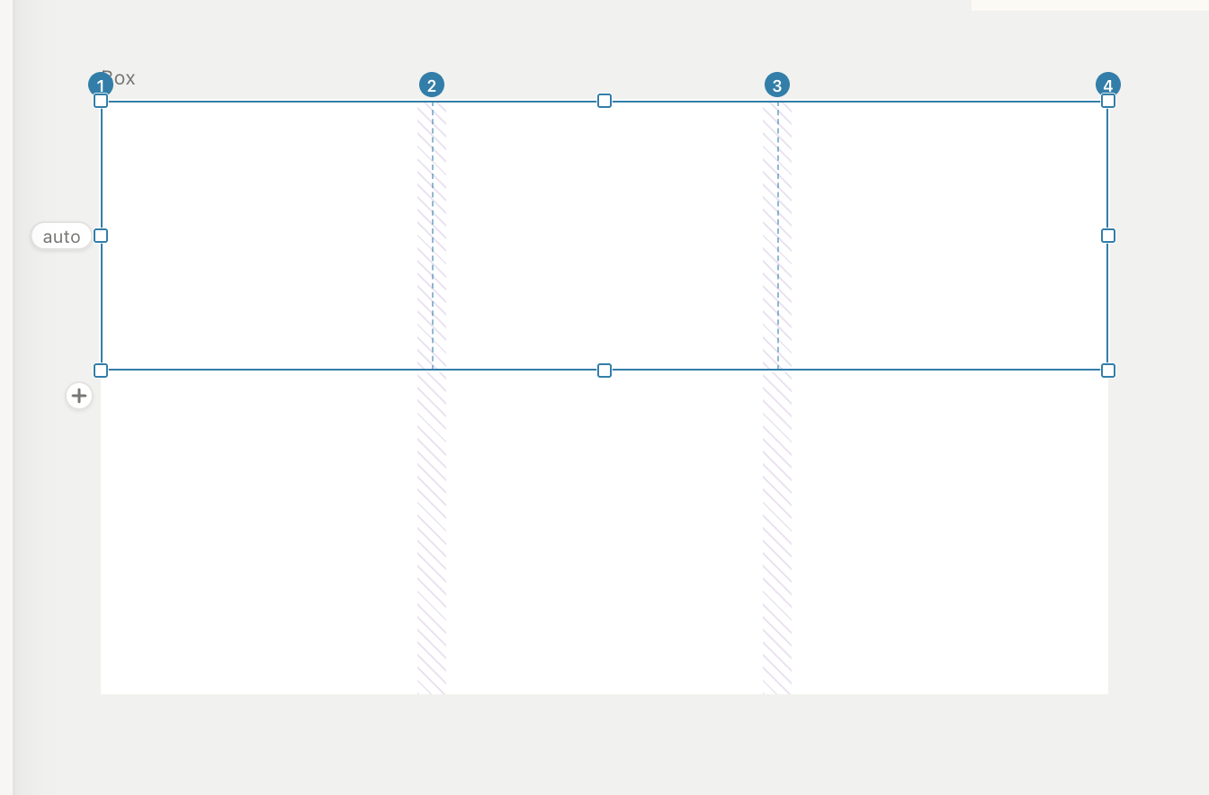 A selected subgrid spanning three parent columns: dashed adopted lines, line numbers 1–4, faint parent guides below