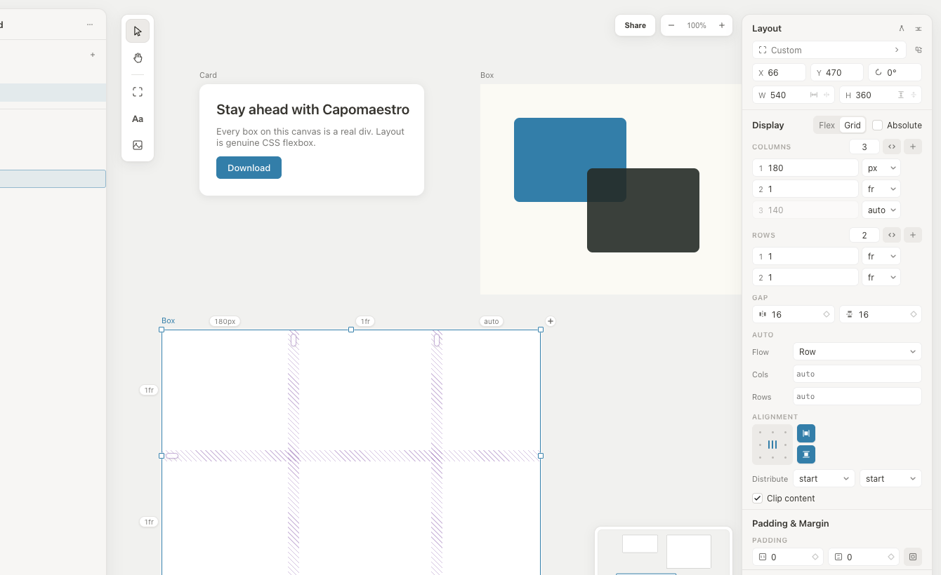 The editor with a grid box selected: canvas chrome on the left, the grid inspector on the right