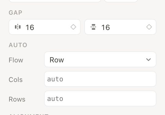 Gap fields for both axes; Auto group with flow direction and implicit track sizes