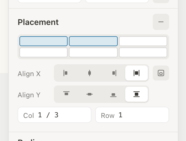 Placement section: area picker with a two-cell span painted, Align X/Y rows, and raw Col/Row inputs