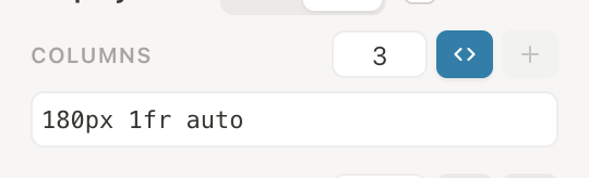 Columns list in raw text mode showing 180px 1fr auto