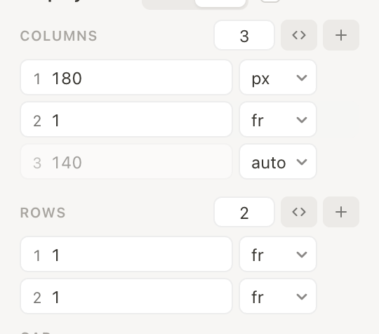 Columns and Rows track lists: count field, code toggle, +, and one row per track with value and unit