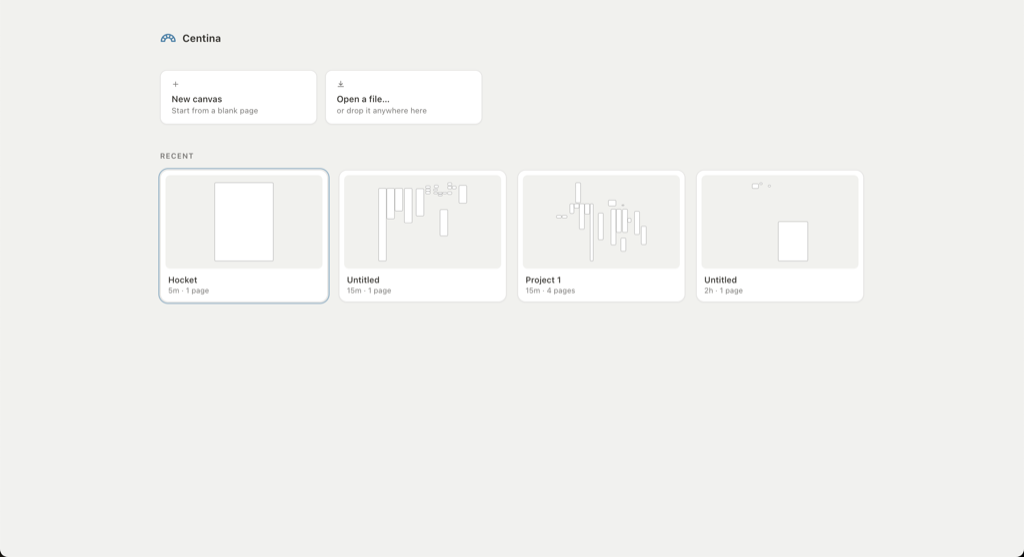 The Centina home screen: New canvas and Open a file cards above a Recent grid of canvas thumbnails