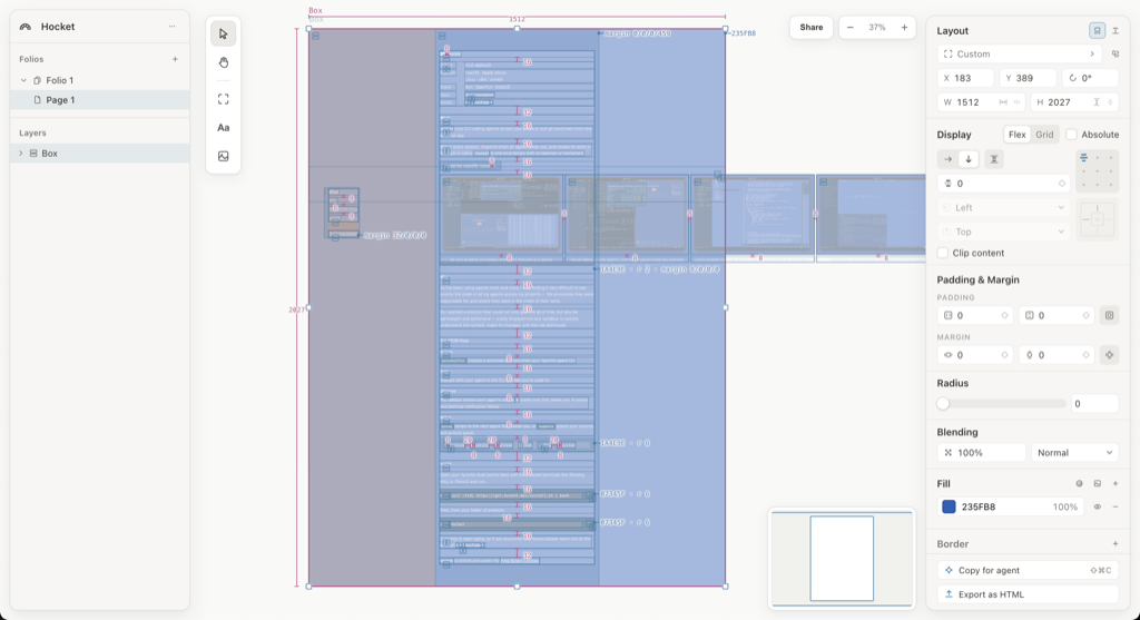 The full Centina window: a selected box on the canvas with margin and padding measurements overlaid, and the layout inspector showing flex display, padding, margin, radius, fill, and a Copy for agent action